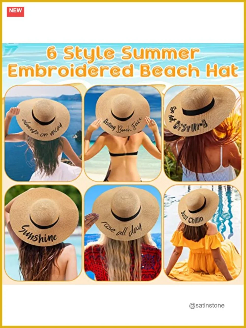 6 Pack Straw Sun Hats: Embroidered, Foldable, Large Brim, Adjustable, for Beach